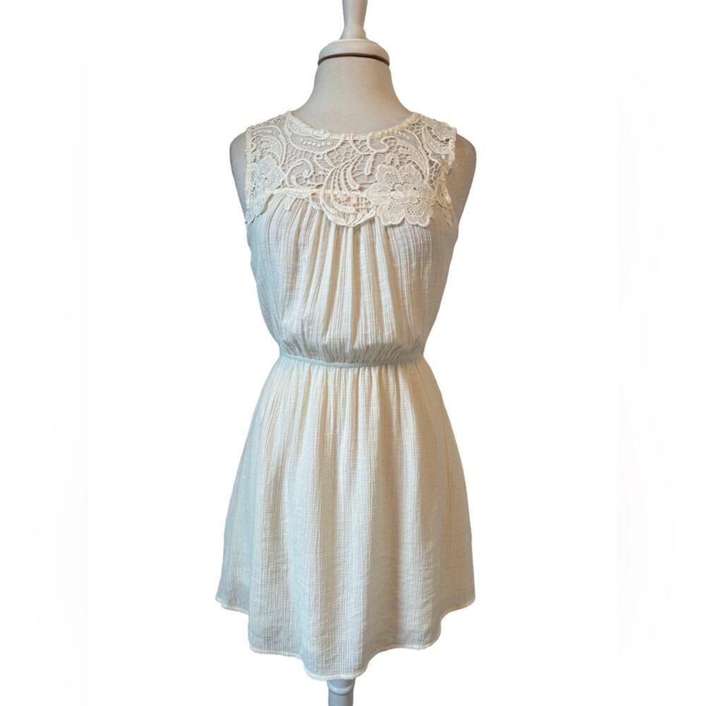 Mne Women's S Fairy Cream Sheer Crochet Sleeveless Lightweight Crinkle Dress
